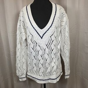 Vintage Hand Knit Cable Sweater Cream Navy Trim Cotton Blend L